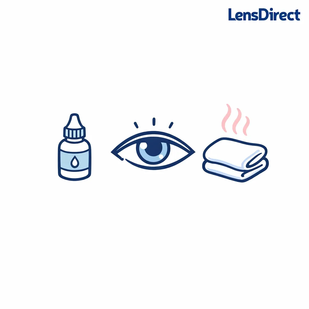A drop bottle and warm compress icon flank a calm eye to suggest gentle comfort steps.