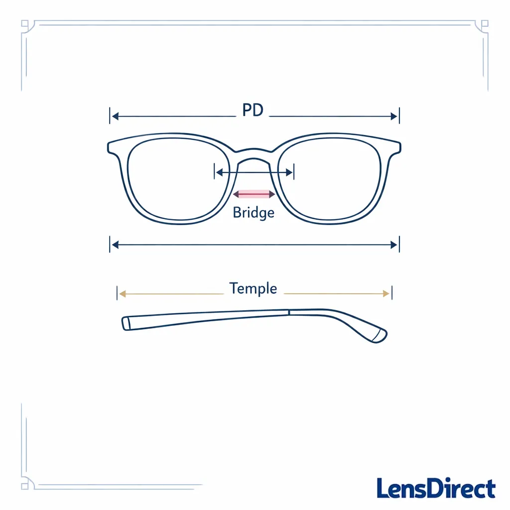 A technical but simple fit diagram highlights PD, bridge, and frame width before ordering.