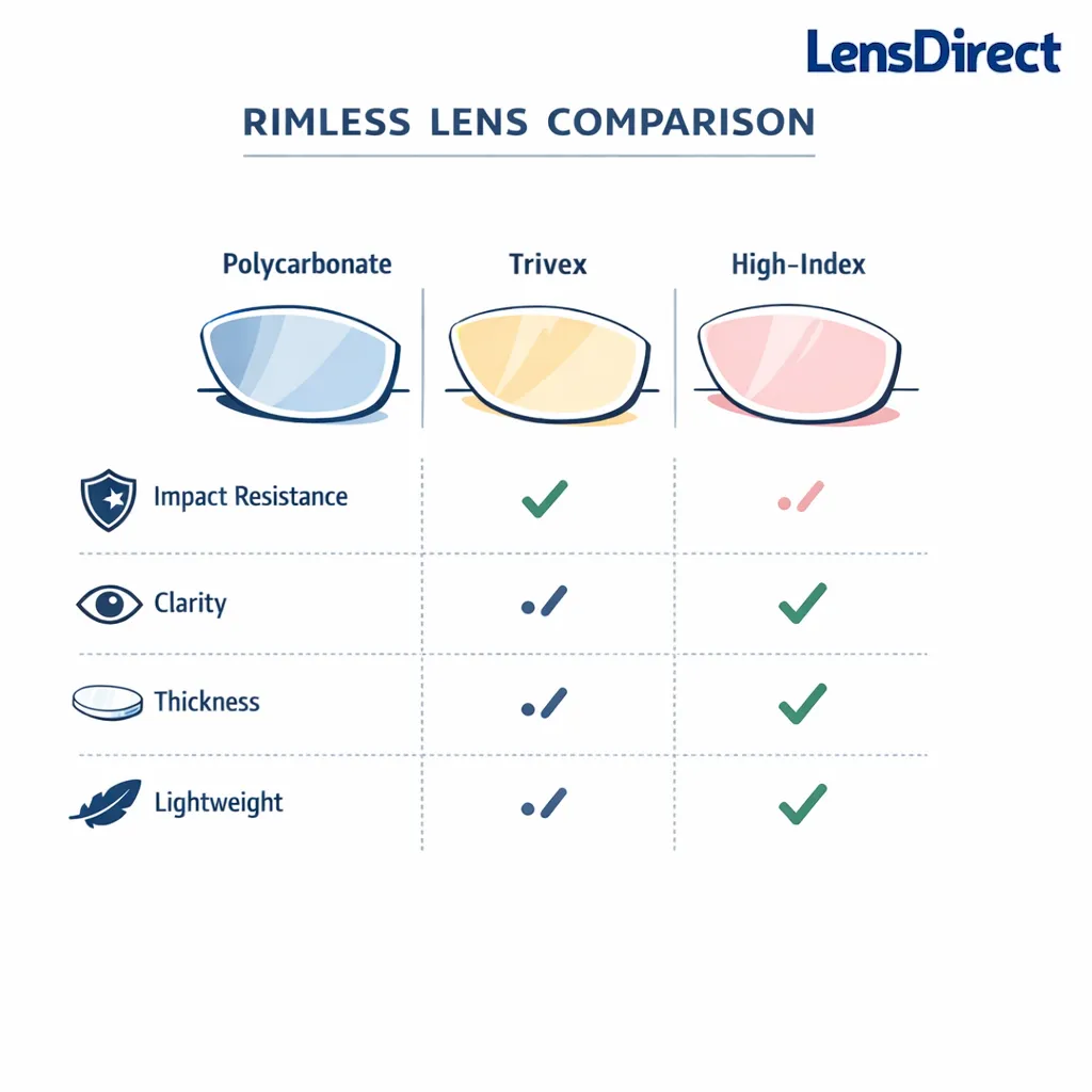 Minimal side-by-side lens material comparison for polycarbonate, Trivex, and high-index.