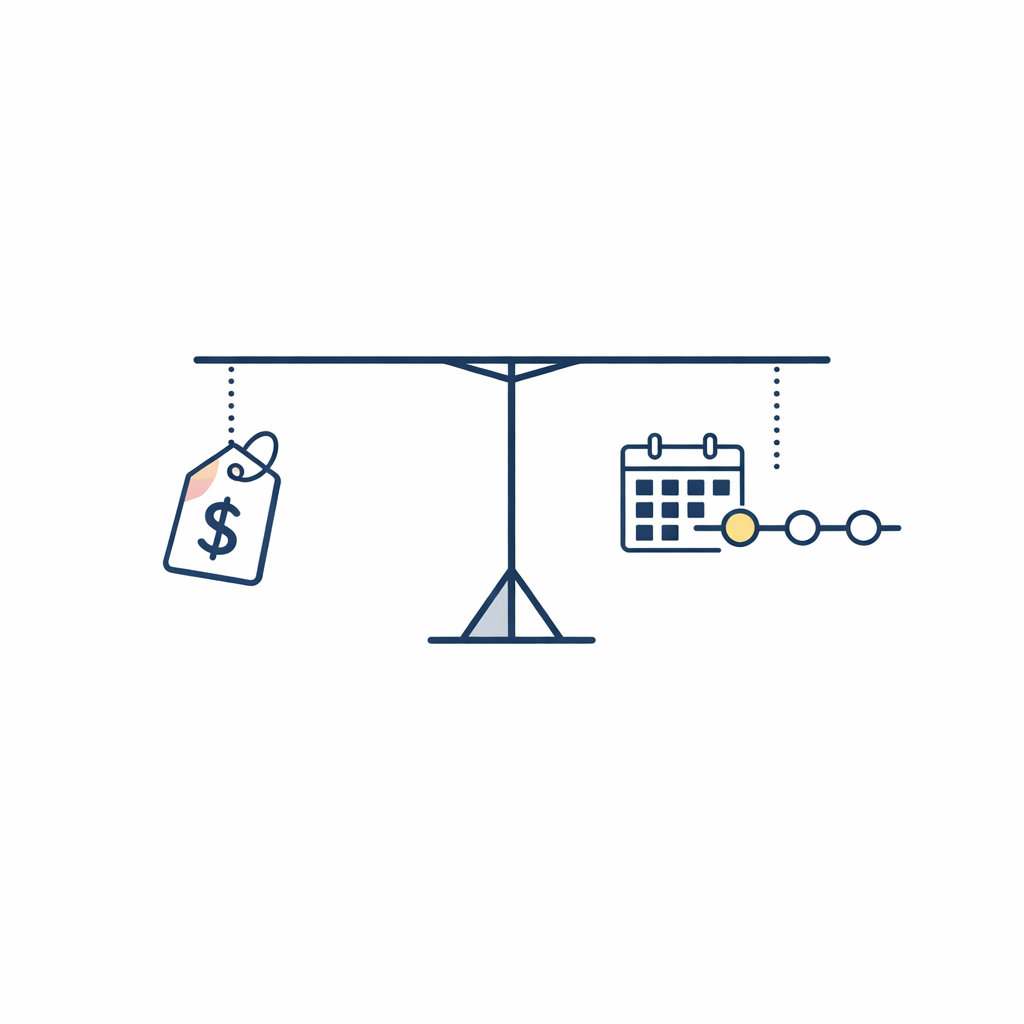 A simple price tag and calendar balance illustrates upfront cost against longer-term value.