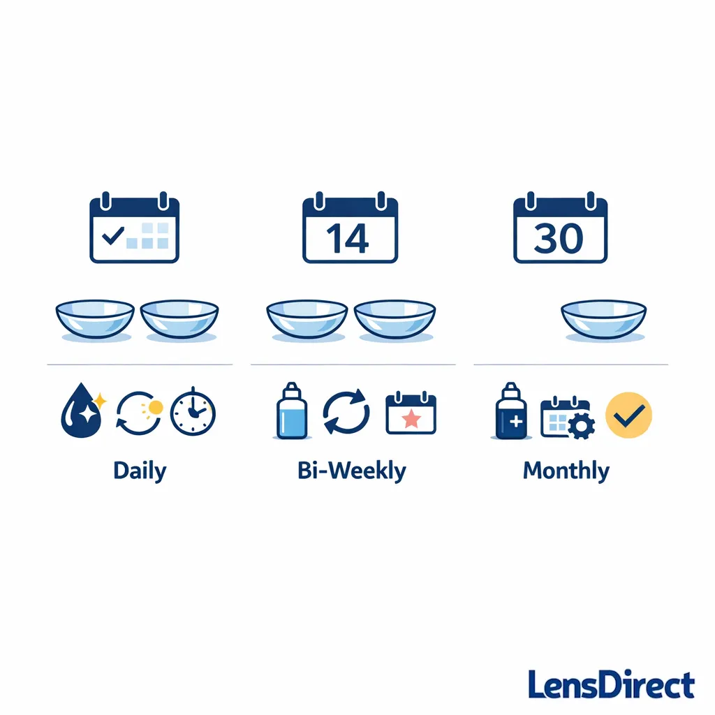 Three replacement schedules are compared with simple calendar icons and contact lens symbols.