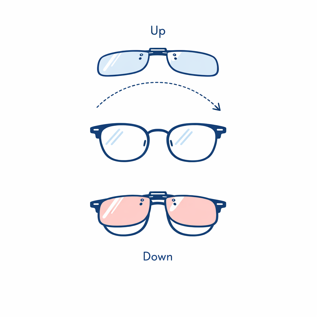 A flip-up clip-on is shown lifting above glasses with a clear motion arc.