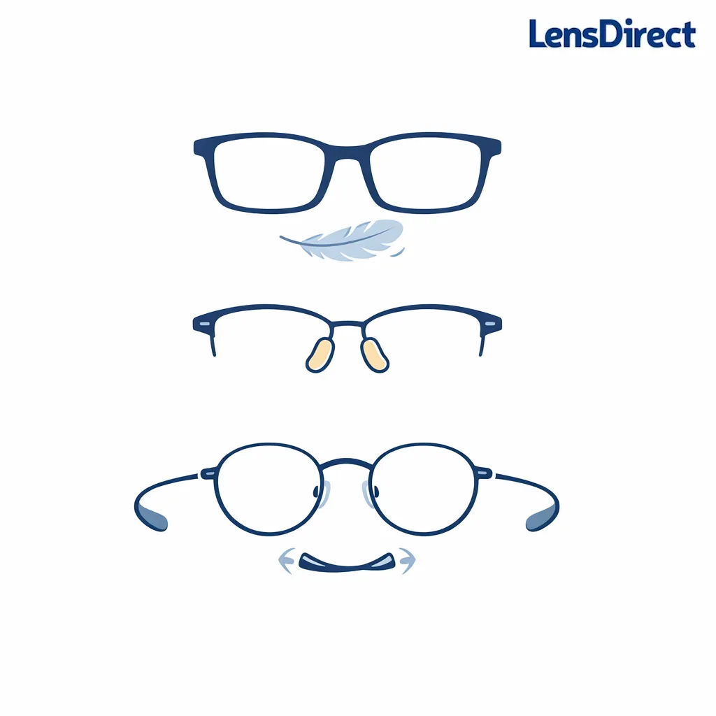 TR-90, titanium, and metal frame silhouettes float with feather-light comfort cues.