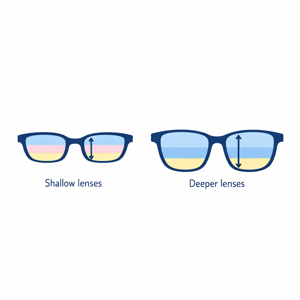 A shallow frame and a deeper frame are compared to show why lens height matters for progressives.