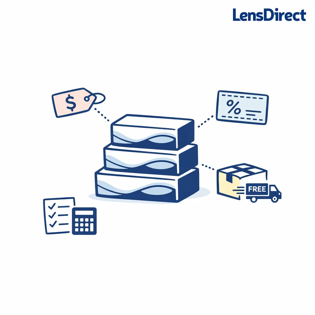 Minimal diagram comparing annual contact lens savings levers with boxes, rebate tag, and shipping icon.
