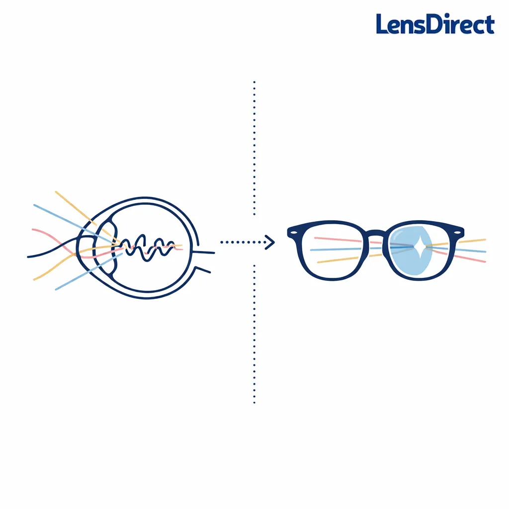 A minimal diagram shows how astigmatism lenses redirect uneven light focus into clearer vision.