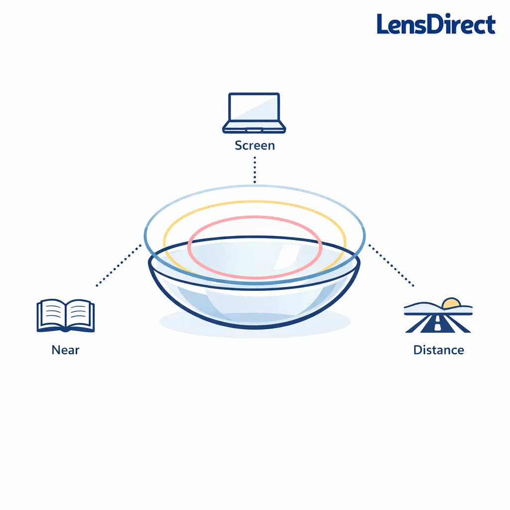 A minimal contact lens diagram shows near, intermediate, and distance focus in one clean visual.