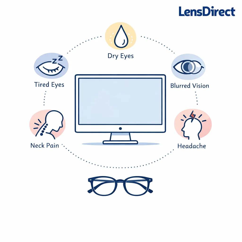 Minimal line art shows screen fatigue symptoms around a monitor and glasses on a white background.