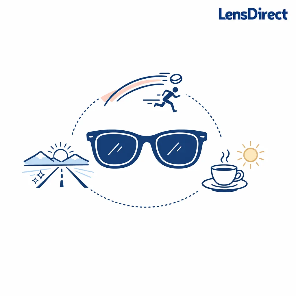 Minimal comparison graphic showing driving, sports, and everyday sunglasses options around a central pair.