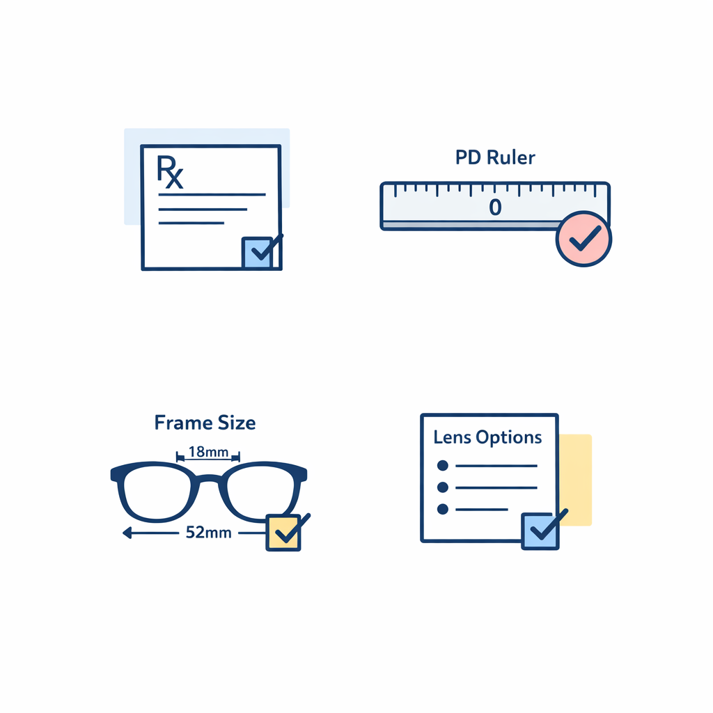 A neat checklist pairs a prescription, PD ruler, frame size, and lens options before checkout.