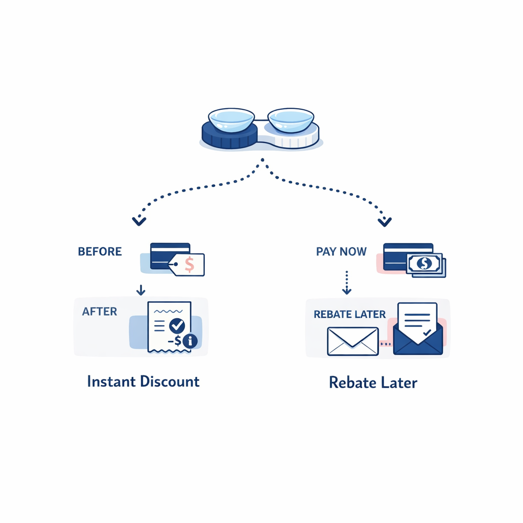 Checkout today and net cost later are contrasted using a receipt and rebate envelope.
