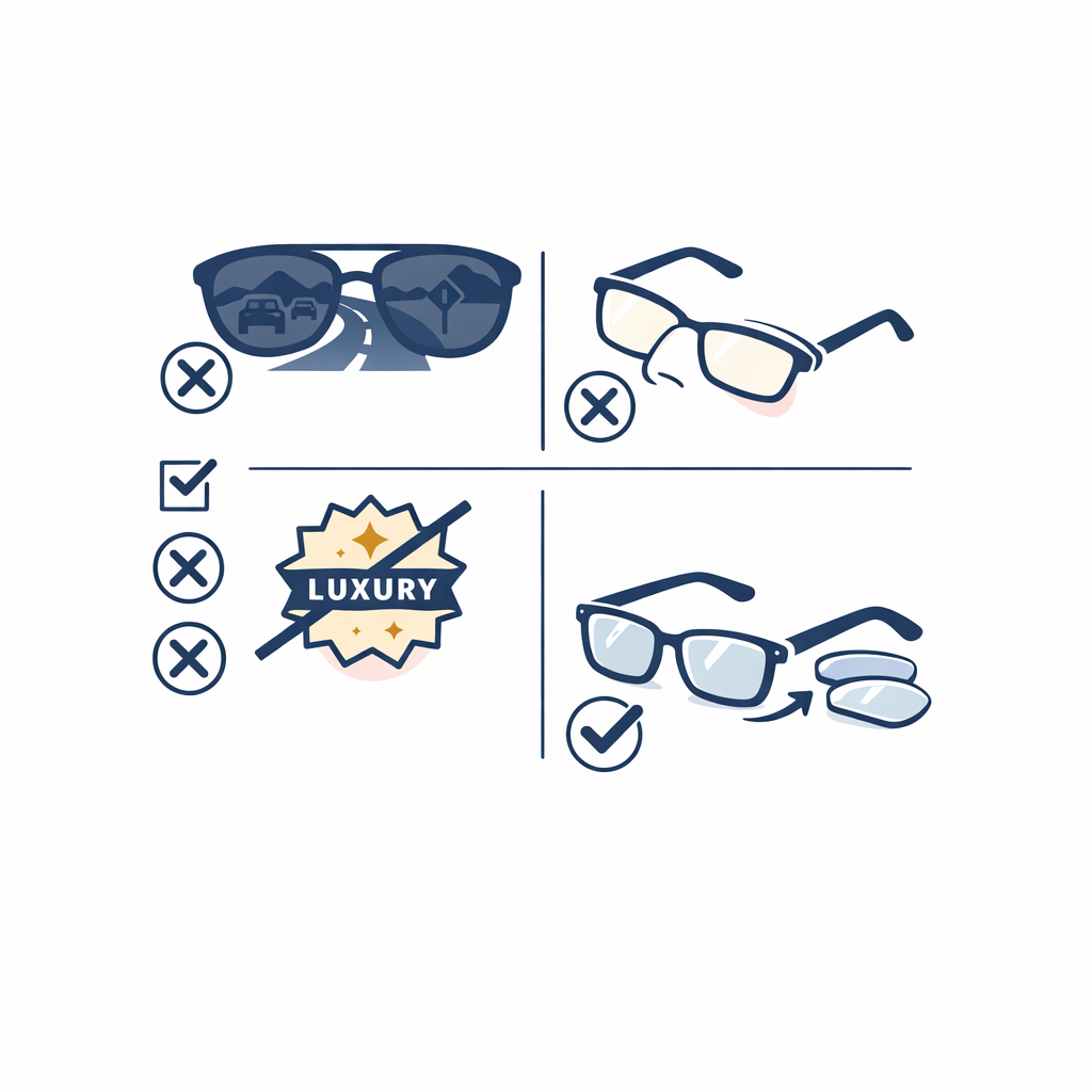 Checklist-style graphic warns against dark lenses, poor fit, and choosing by brand alone.