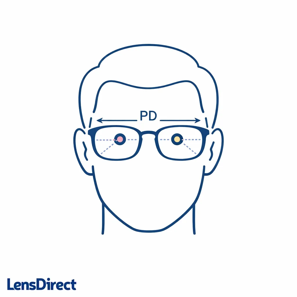 A face and glasses diagram shows pupillary distance guiding precise lens placement.