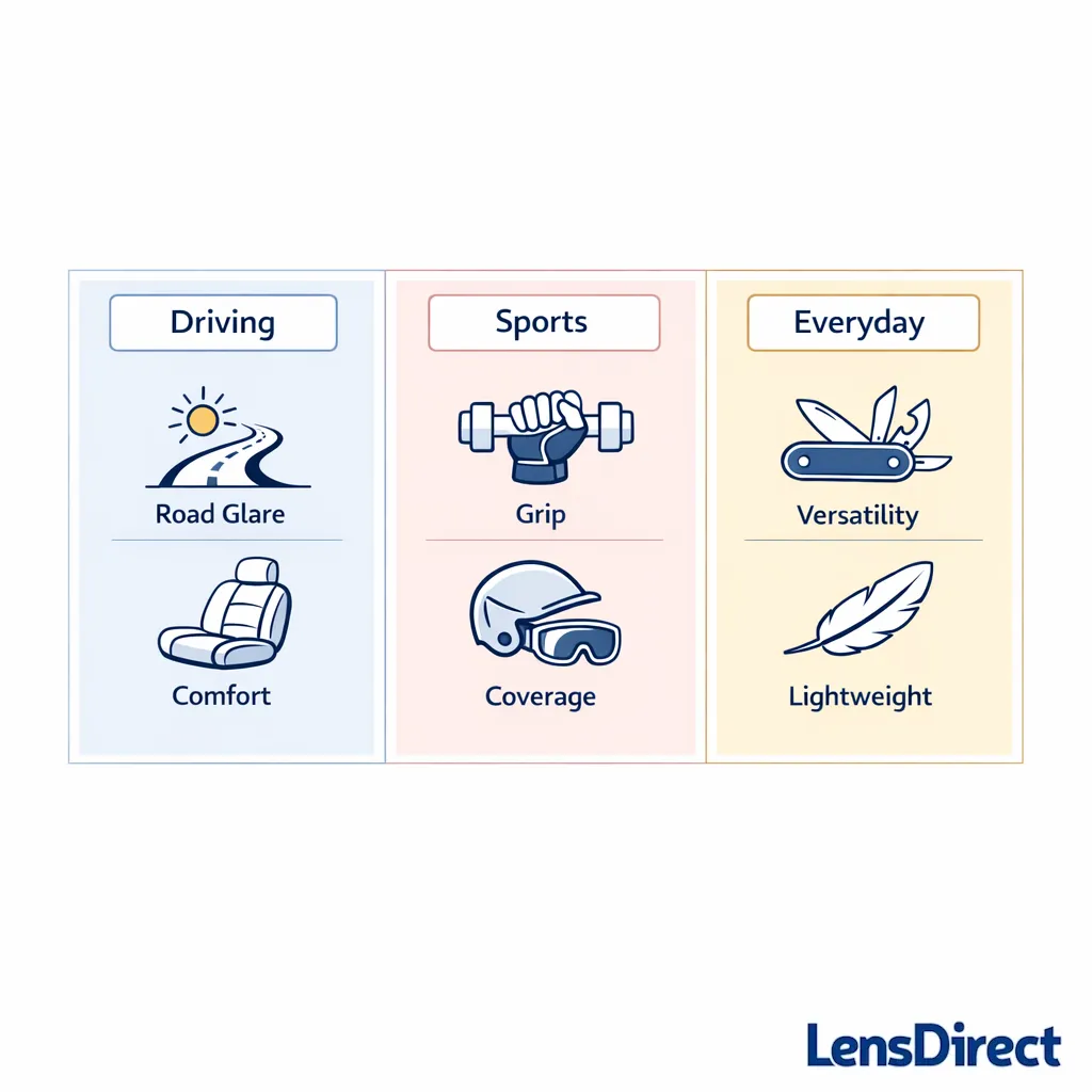 Three-column visual comparison ranks key priorities for driving, sports, and daily wear.