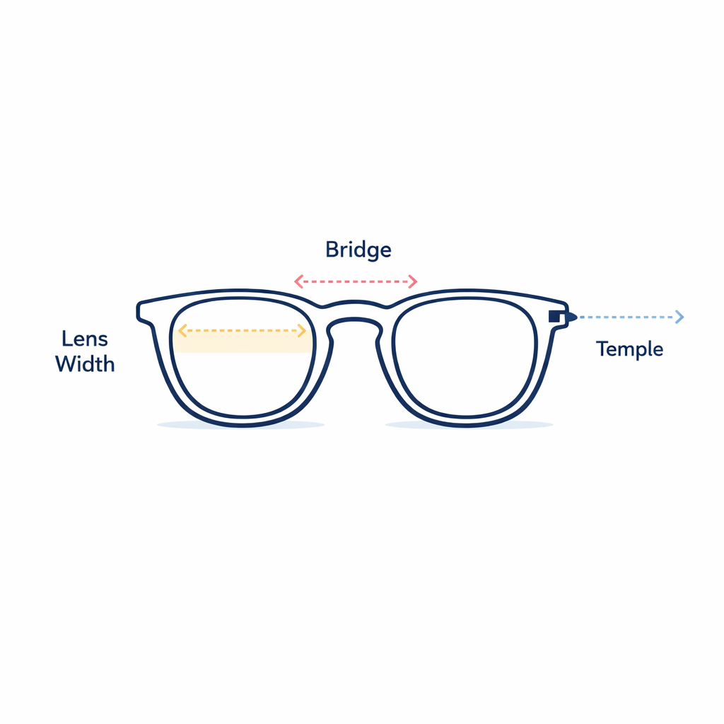 Glasses measurements highlight bridge, lens width, and temple fit for stable wear.