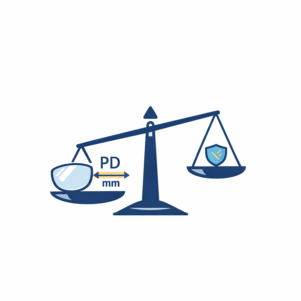 A precise prescription lens icon outweighs a generic blue-light badge in a minimal scale graphic.