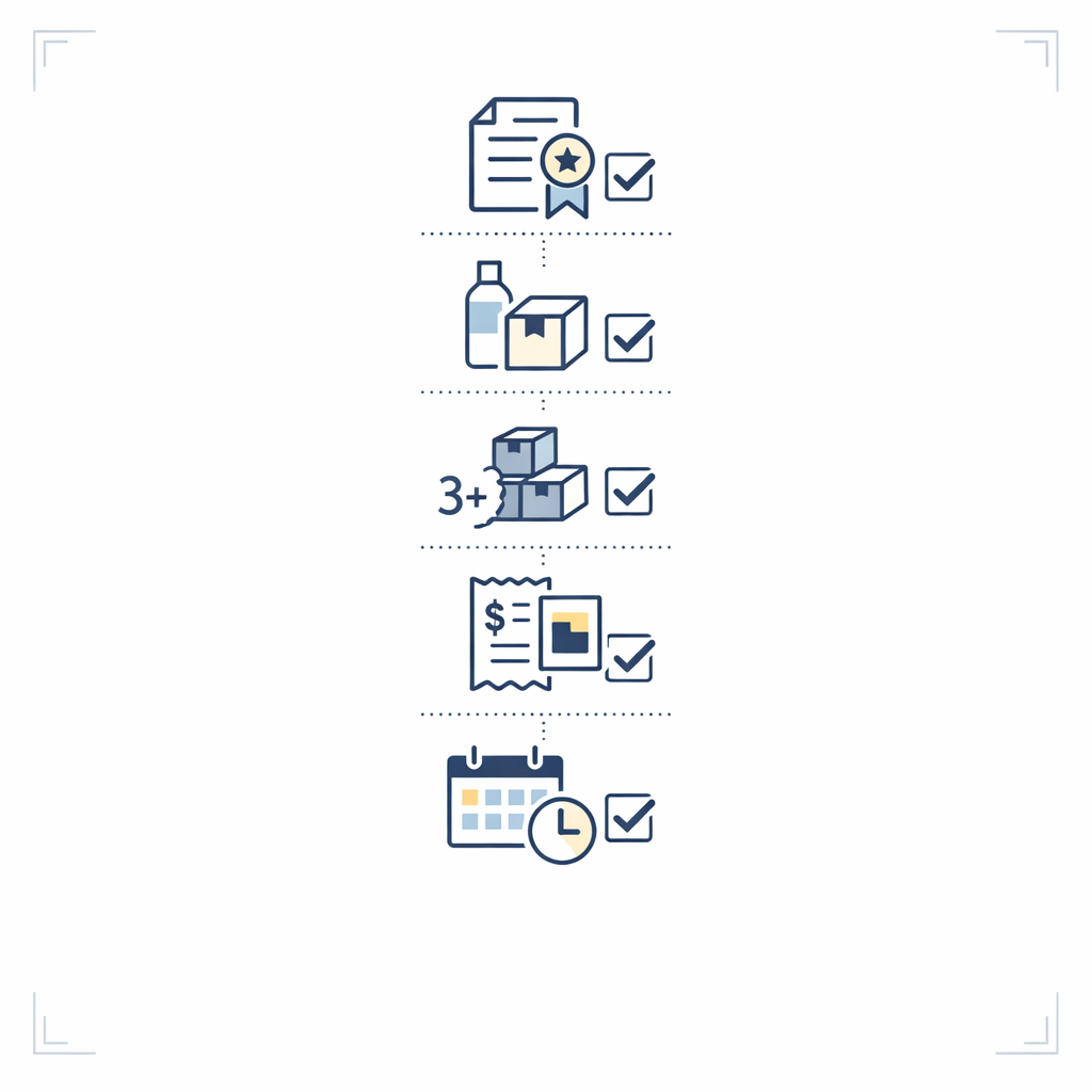 A clean checklist with receipt, offer page, and calendar icons explains rebate basics.