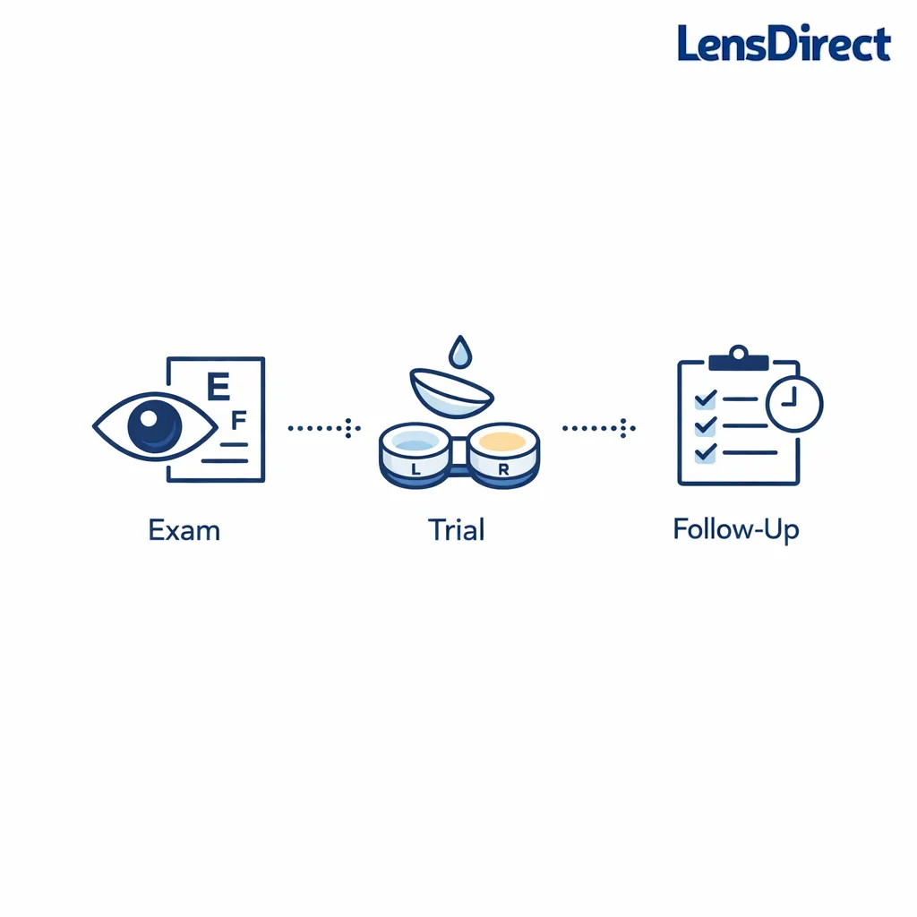 An exam flow diagram shows lens selection, trial wear, and follow-up in three simple steps.
