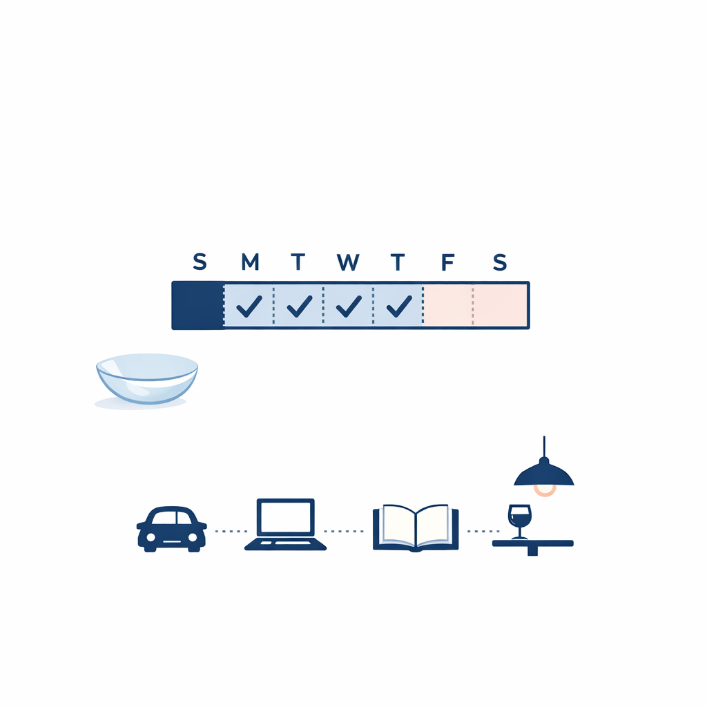 A weekly trial tracker pairs a contact lens with everyday task icons for practical testing.