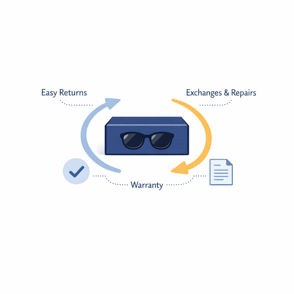 Minimal package and circular arrows graphic represents returns, remakes, and easier online buying.
