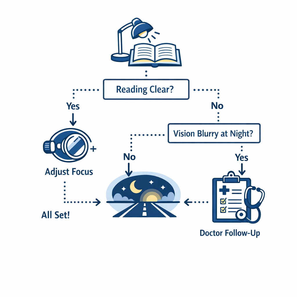 A troubleshooting flow uses icons for lighting, lens adjustment, and doctor follow-up.