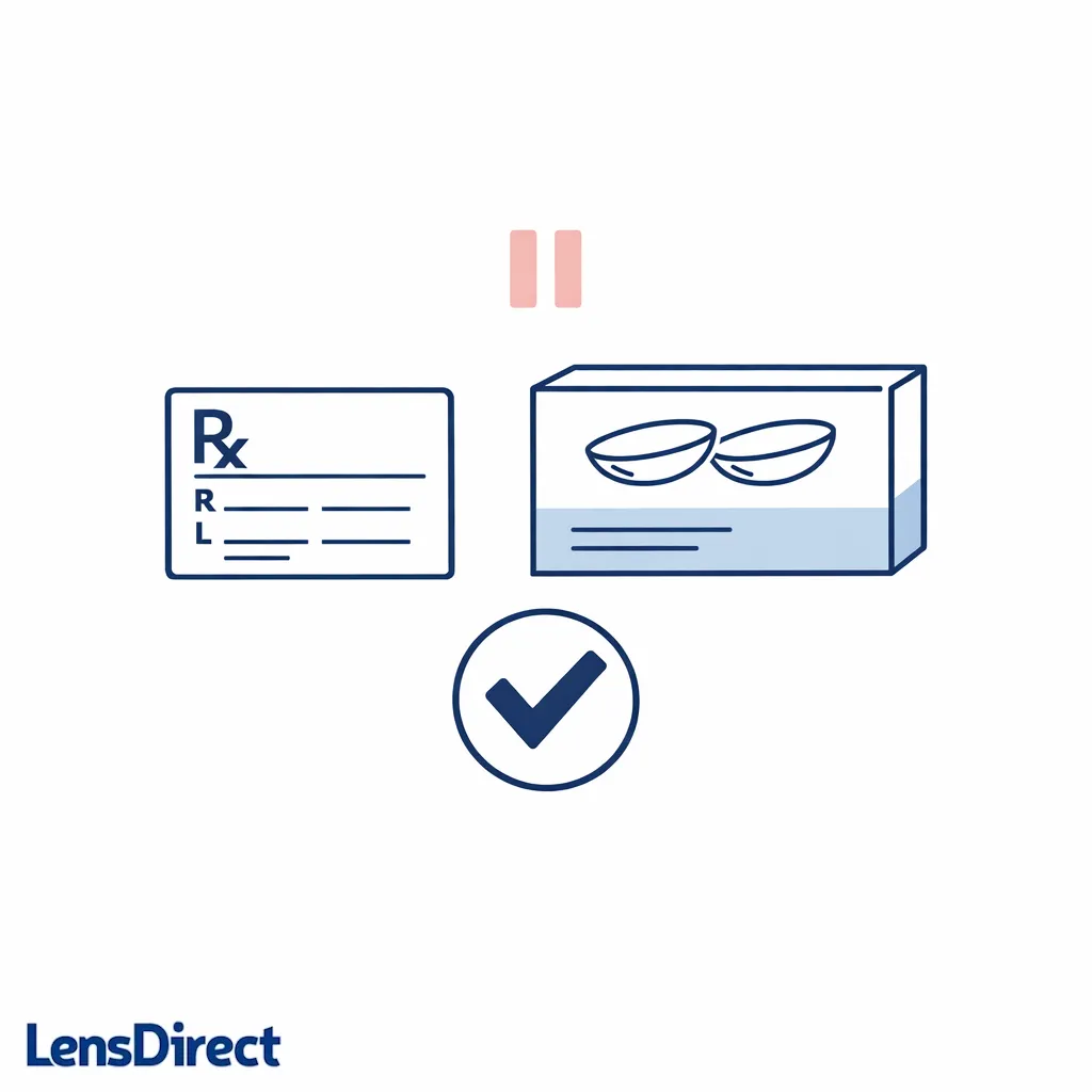 A prescription card, contact lens box, and verification icon illustrate checking prescription details before ordering.
