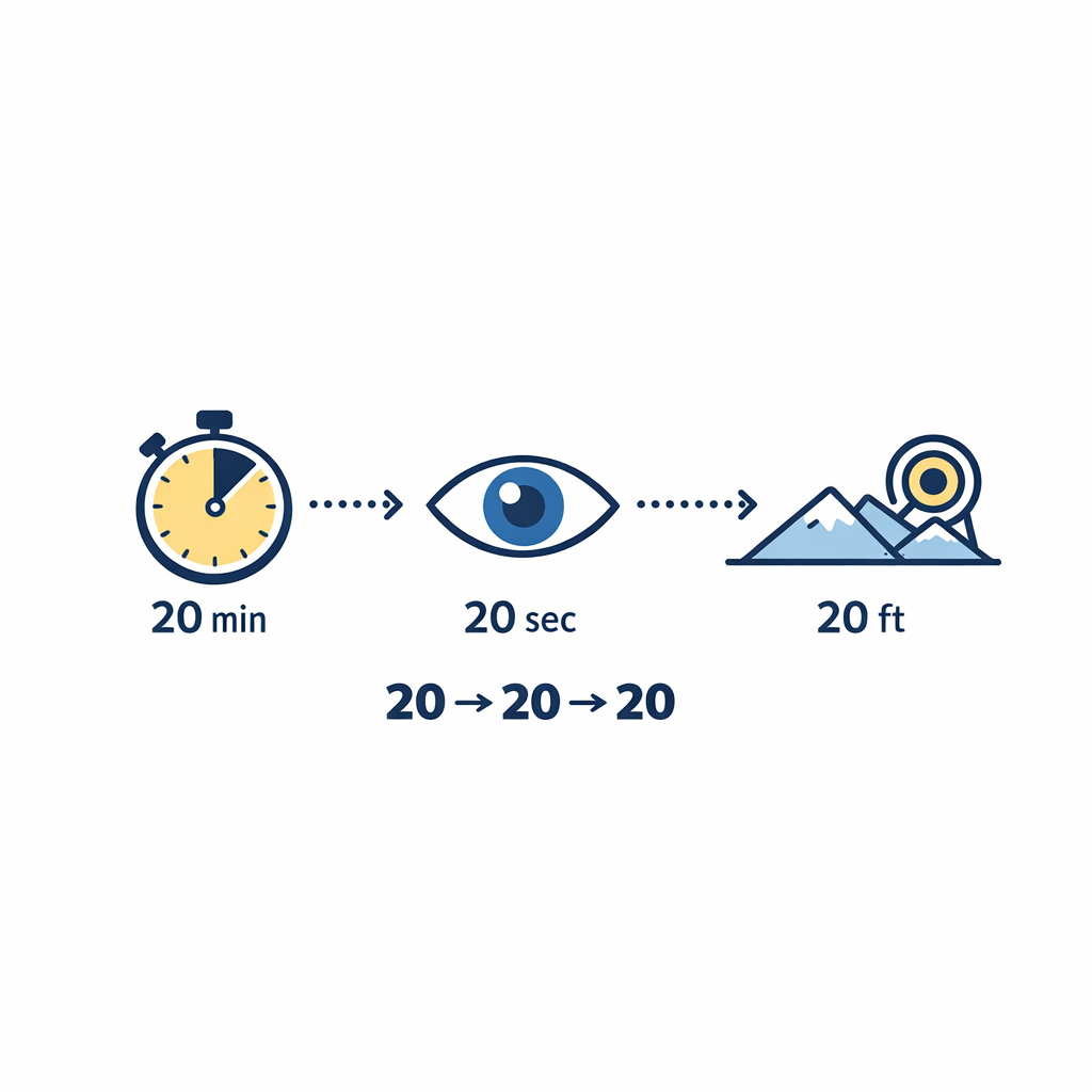A timer, eyes, and a distant focal point illustrate the 20-20-20 screen break rule.