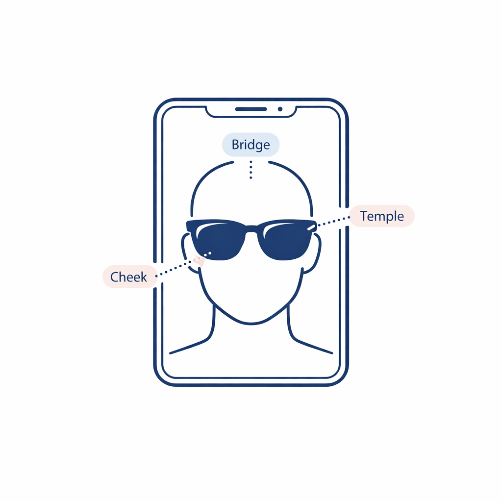 Phone screen with sunglasses overlay and fit markers shows try-on helps but cannot confirm comfort.