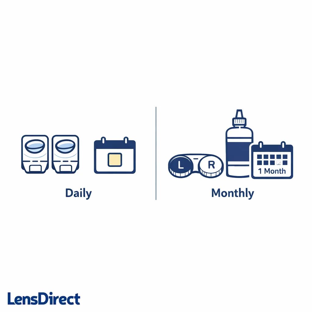 Two lens cases compare daily disposable convenience with monthly routine and care.
