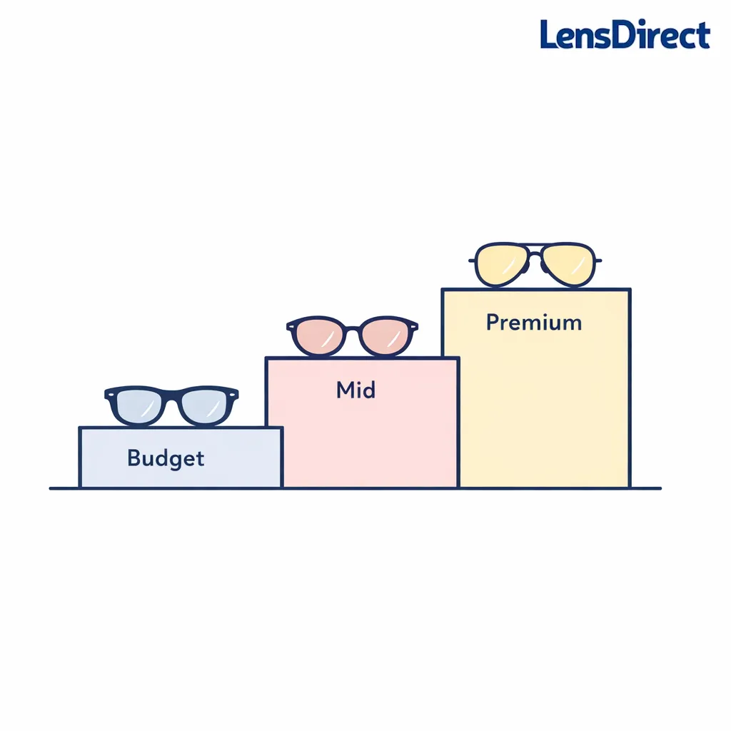 Three-step value ladder compares budget, mid-range, and premium sunglasses paths.