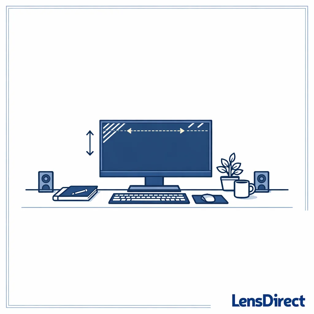 A clean workstation diagram shows monitor height and placement for more comfortable screen use.