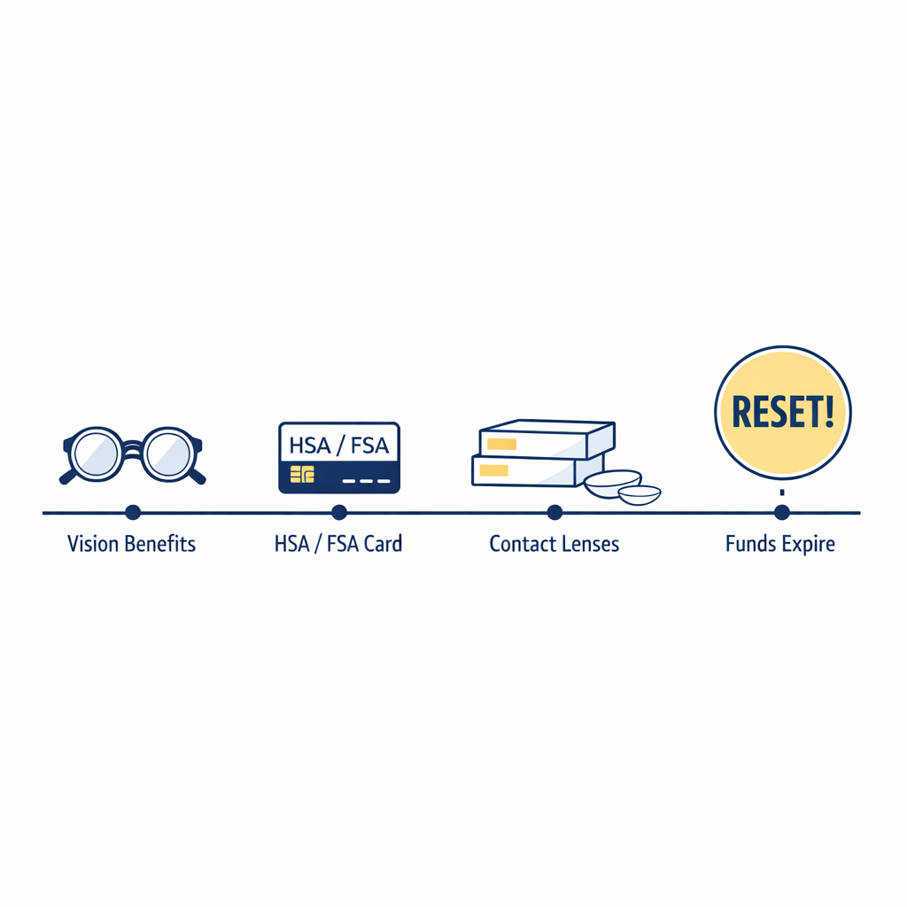 Insurance and HSA benefits are shown on a timeline approaching a reset date.