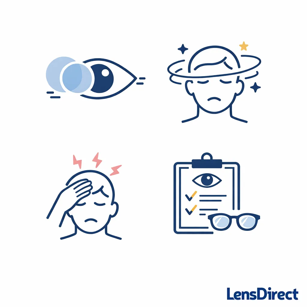 Warning icons mark persistent blur, dizziness, and headaches as reasons to check the fit or prescription.