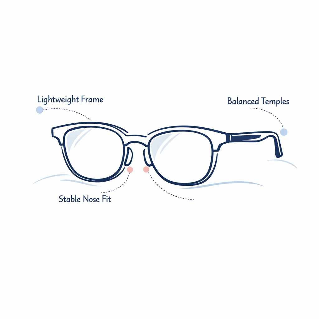 Balanced sunglasses diagram highlights lightweight feel, stable nose fit, and gentle temple pressure.