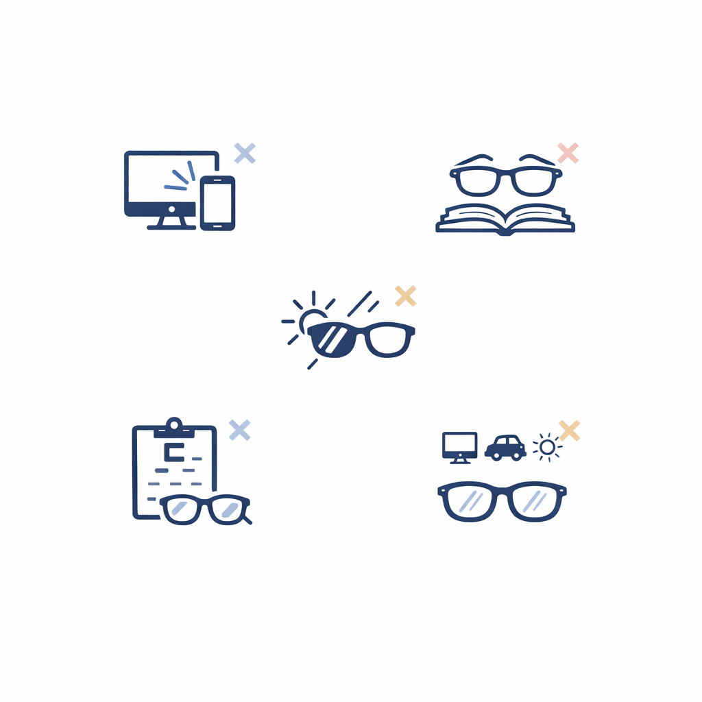 Five simple icons flag common computer-glasses buying mistakes in a clear checklist layout.
