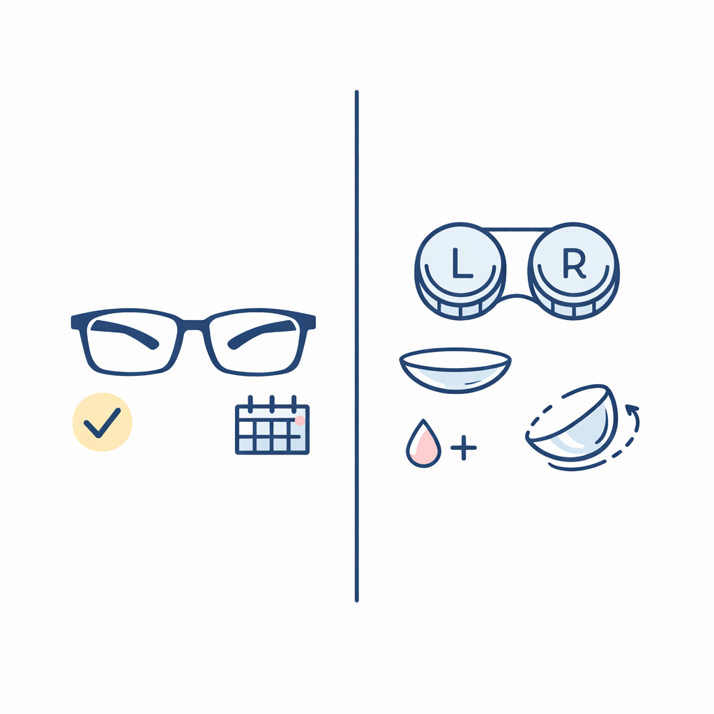 A clean split illustration compares glasses as a default option with toric contacts for flexibility.