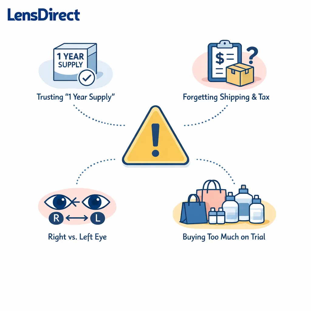 A simple caution graphic highlights common contact supply calculation mistakes shoppers make.