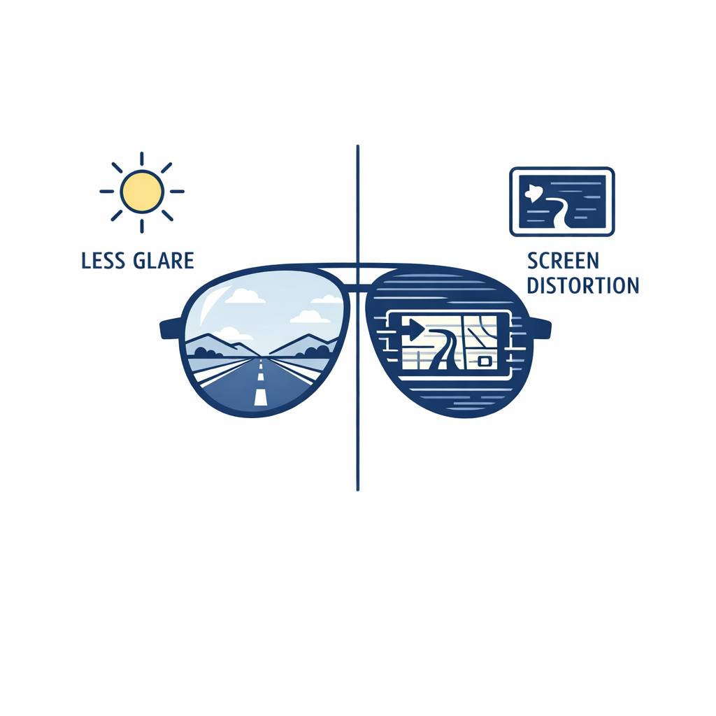 Road glare and dashboard screen icons explain the tradeoff of polarization for commuters.