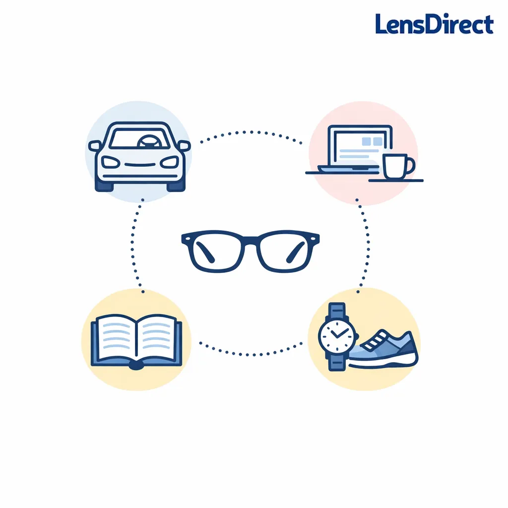 Icons for driving, screens, reading, and daily wear show how lens needs differ by routine.