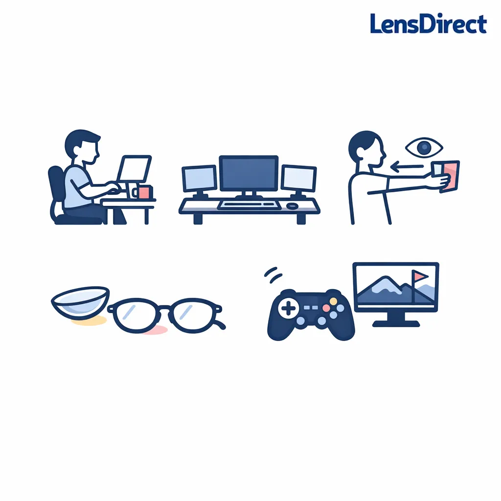 A grid of simple icons represents office workers, multitaskers, contact wearers, and gamers.