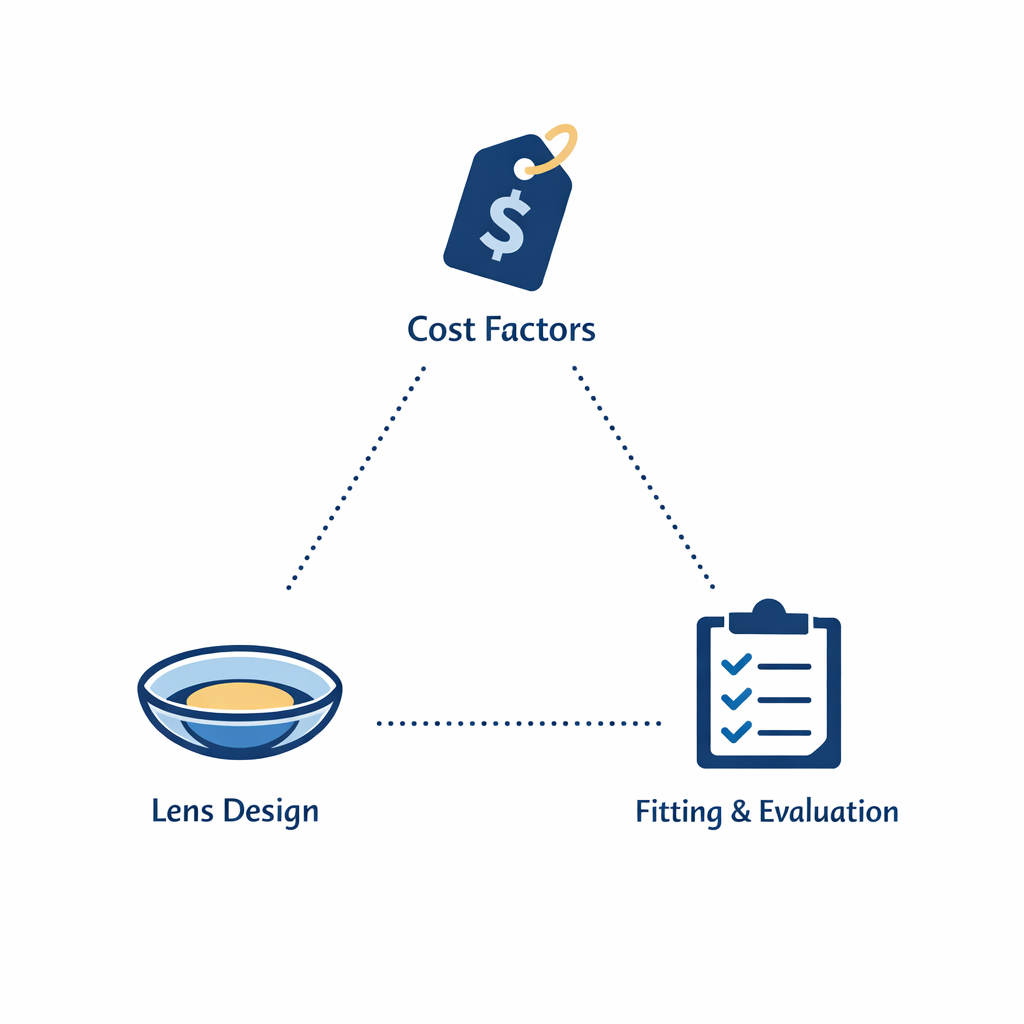 A price tag, lens diagram, and fitting checklist show what adds to multifocal cost.