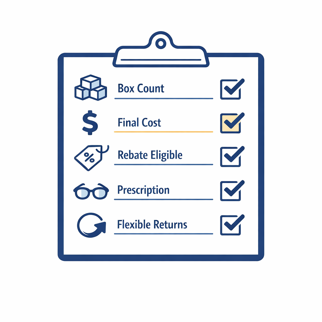 A concise pre-checkout checklist summarizes box count, cost, rebate, prescription, and returns.