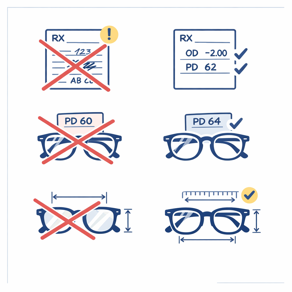 A tidy error-prevention graphic flags mistyped values, old PD, and unchecked frame sizing.