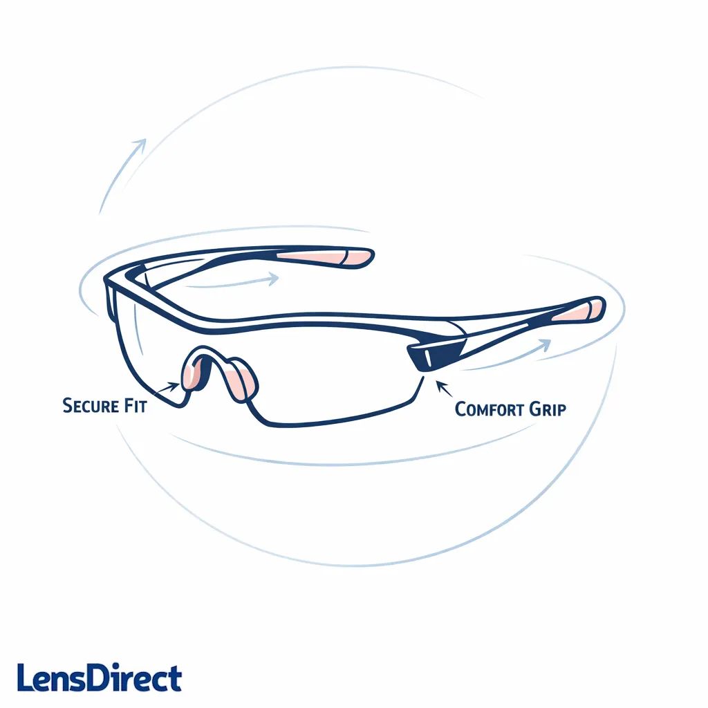 Active sunglasses with grip markers and bounce-reduction lines emphasize stability during movement.