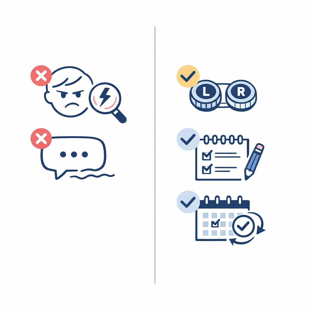 A tidy do-and-don’t visual shows quick judgments and vague feedback replaced by smarter trial habits.