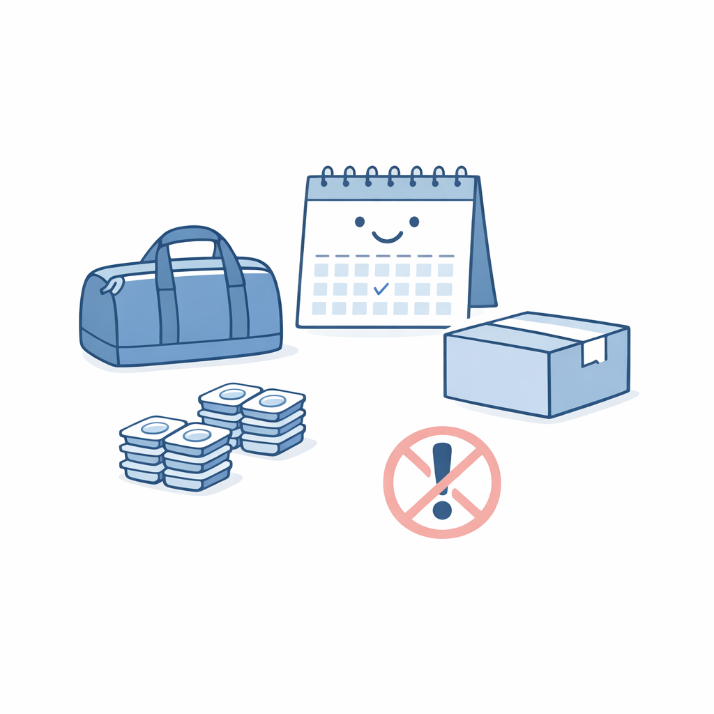 A travel bag, calendar, and contact boxes show the convenience of fewer emergency reorders.