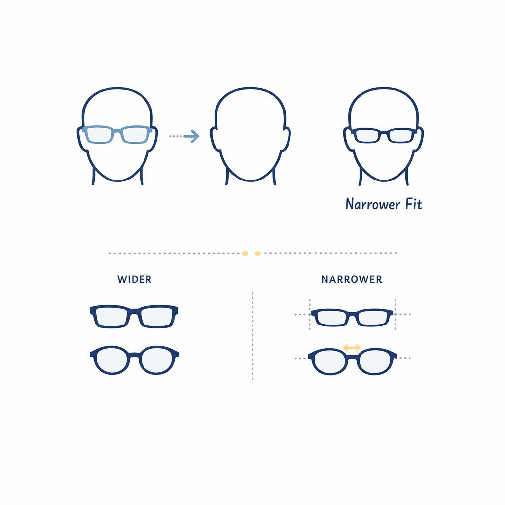 Clean face-shape and frame-width diagram helps shoppers narrow sunglass styles online.
