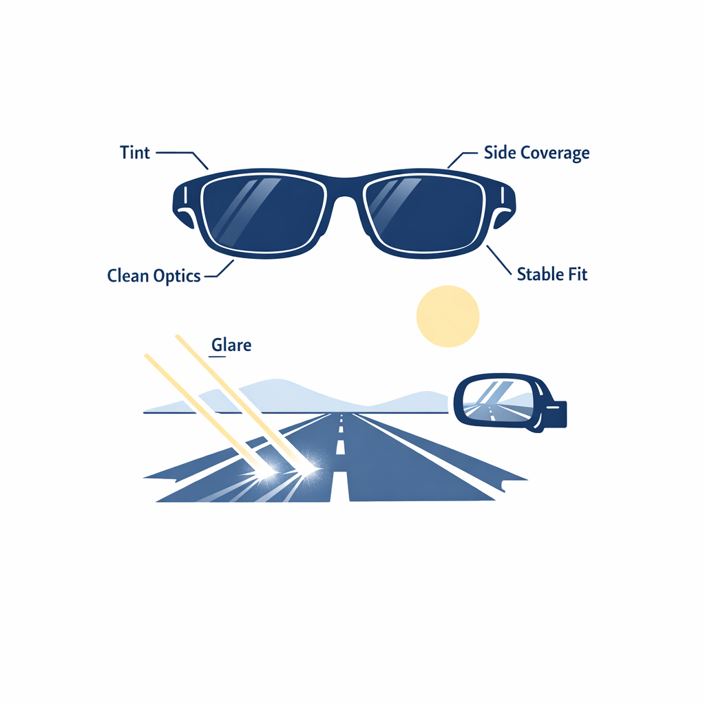 Line-art sunglasses paired with a road and sun to explain tint, glare, and comfort for drivers.