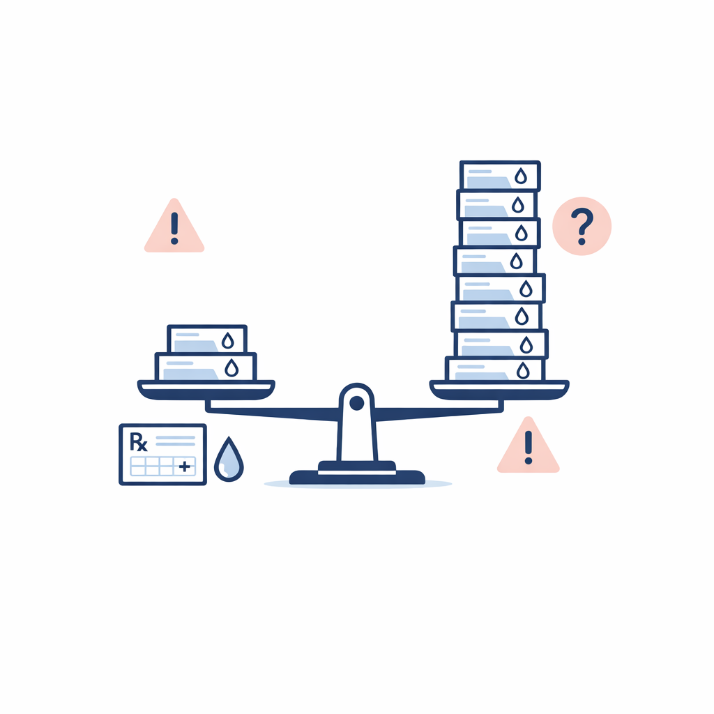 Illustration of a shopper choosing between a small contact order and a large annual stack with a caution note.