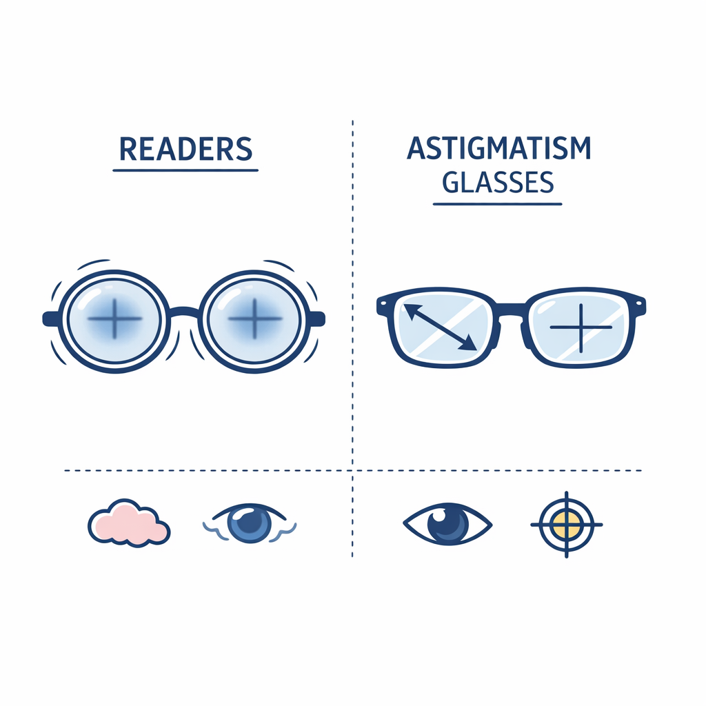A simple comparison shows drugstore readers beside prescription astigmatism lenses with clearer alignment.